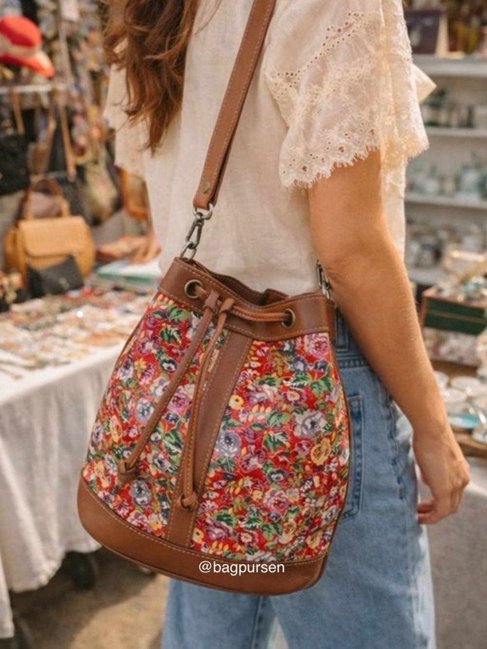 Vintage Kenzo Red Leather Floral Drawstring Bucket Bag Crossbody Chic Girly